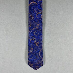 Barry Wang Mens Blue Gold Paisley 100% Silk Hand Tailored Necktie Style Italy